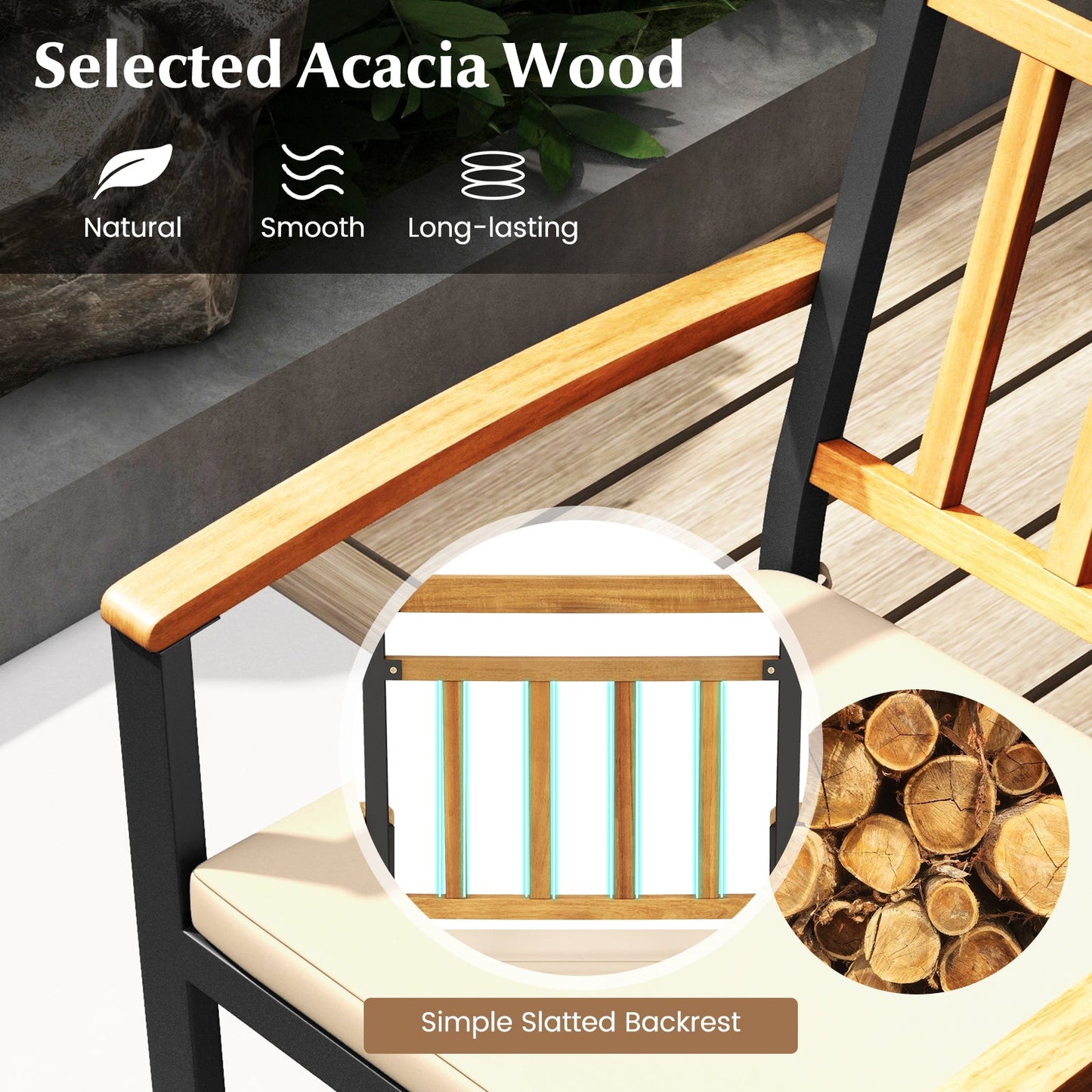 5-Piece Outdoor Acacia Wood Dining Set – Round Patio Table & Metal Chairs with Cushions