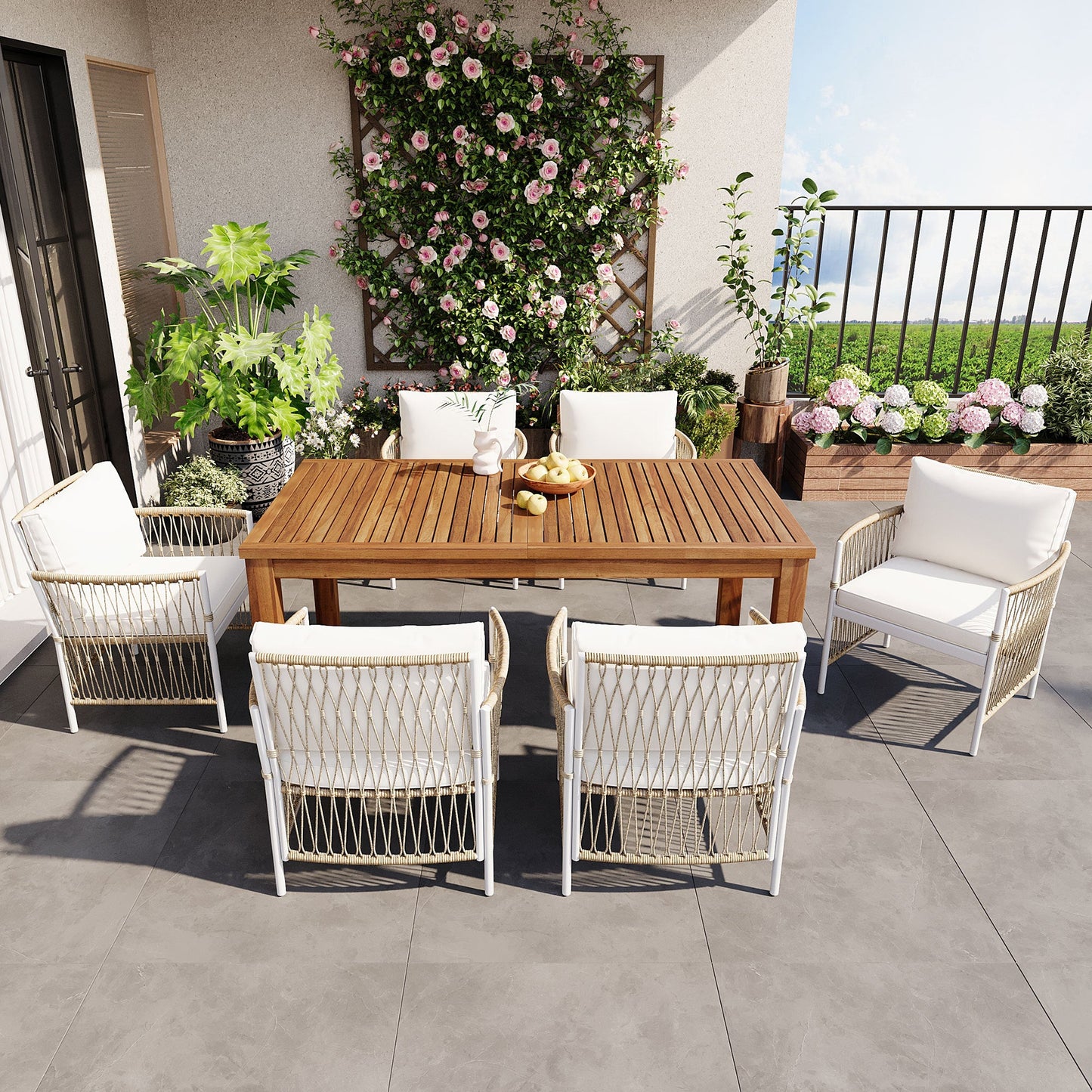 Outdoor Dining Set Acacia Wood PE Wicker Armchair 7 Piece Seats 6