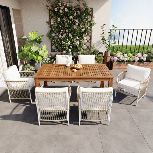 Outdoor Dining Set Acacia Wood PE Wicker Armchair 7 Piece Seats 6