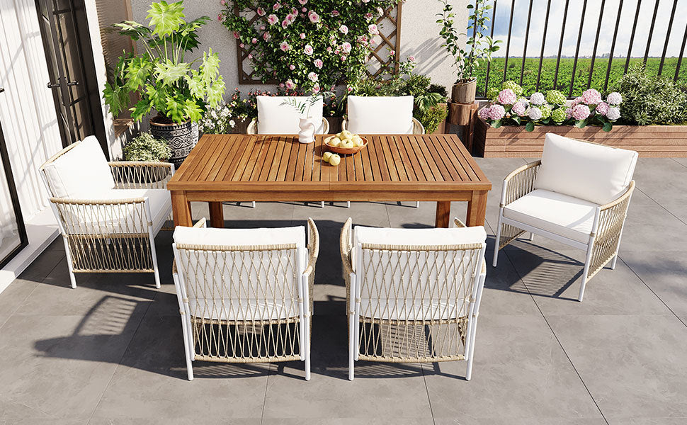 Outdoor Dining Set Acacia Wood PE Wicker Armchair 7 Piece Seats 6