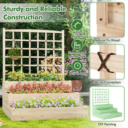3-Tier Raised Garden Bed with Lattice Trellis and Open-Ended Base-Natural