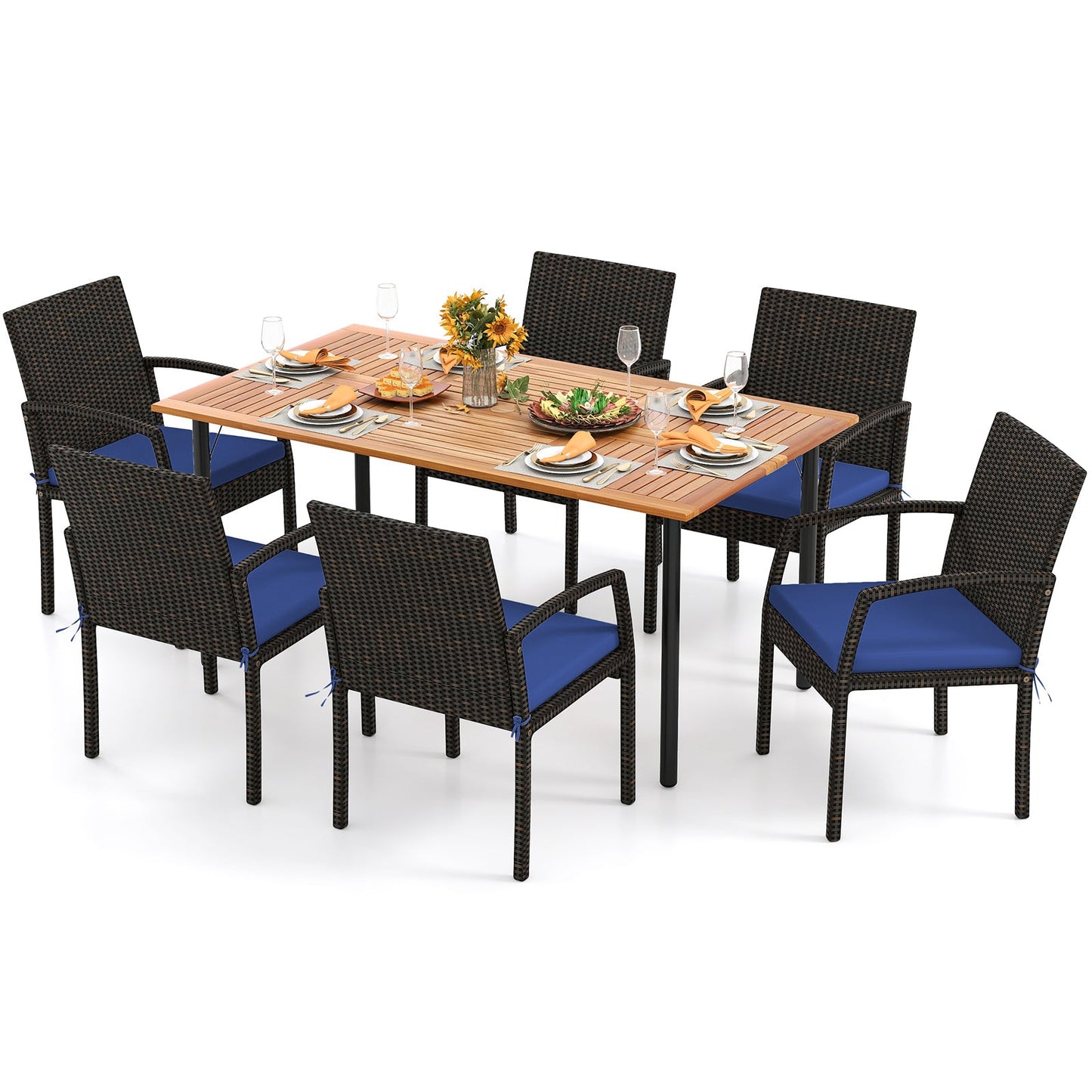 7 Pieces Outdoor Dining Set Acacia Wood Table with Umbrella Hole and Cushions