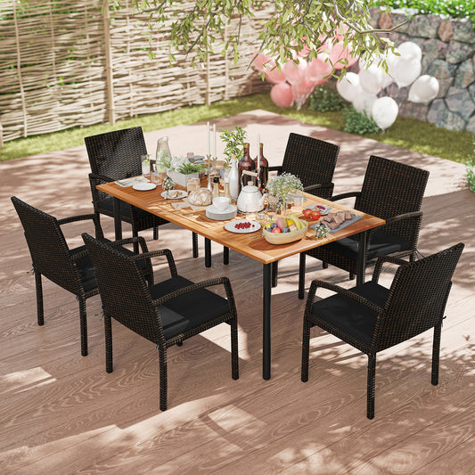 7 Pieces Outdoor Dining Set Acacia Wood Table with Umbrella Hole and Cushions