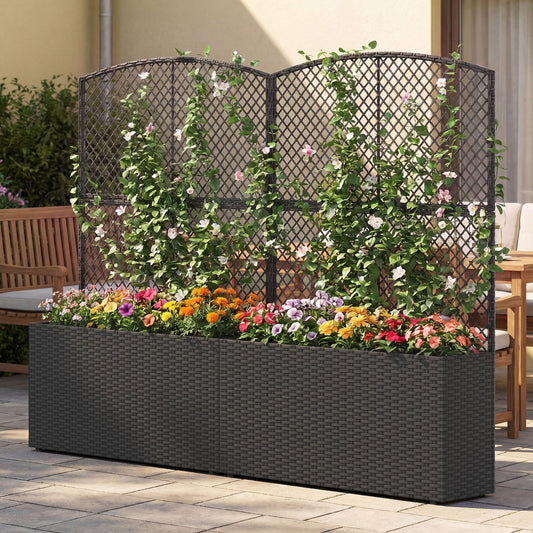Set of 2 58 Inch Raised Garden Bed with Trellis and Wicker Planter Box