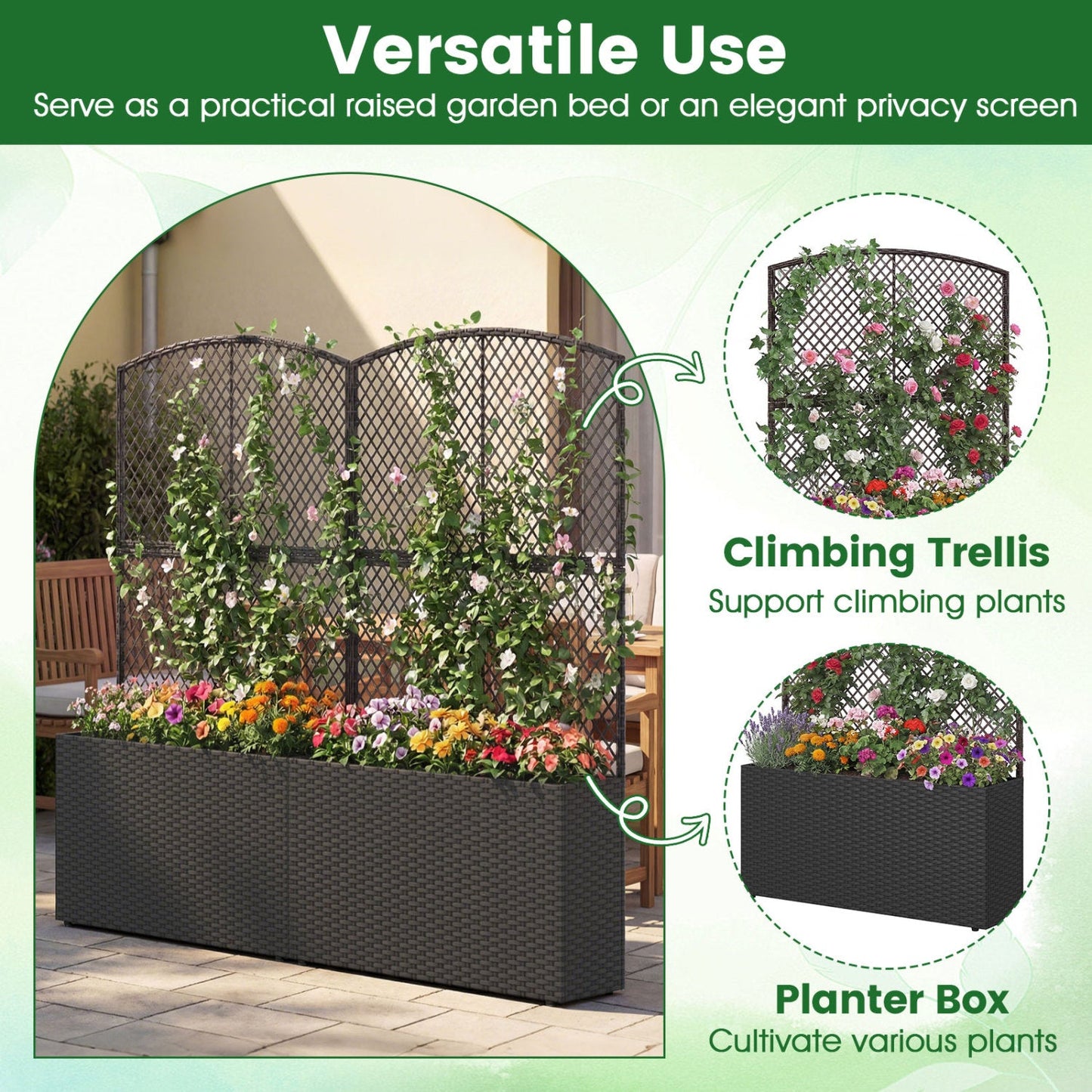 Set of 2 58 Inch Raised Garden Bed with Trellis and Wicker Planter Box