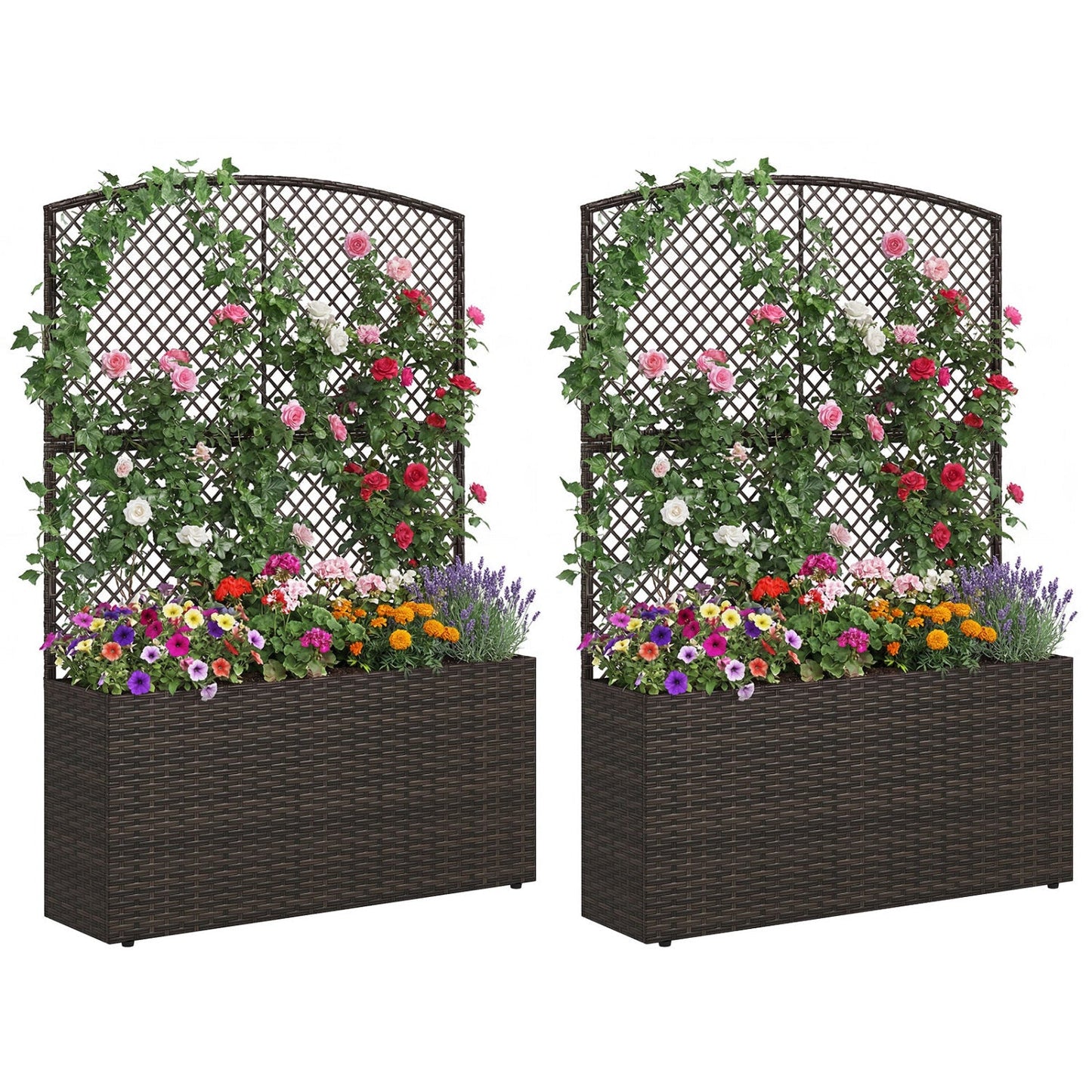 Set of 2 58 Inch Raised Garden Bed with Trellis and Wicker Planter Box
