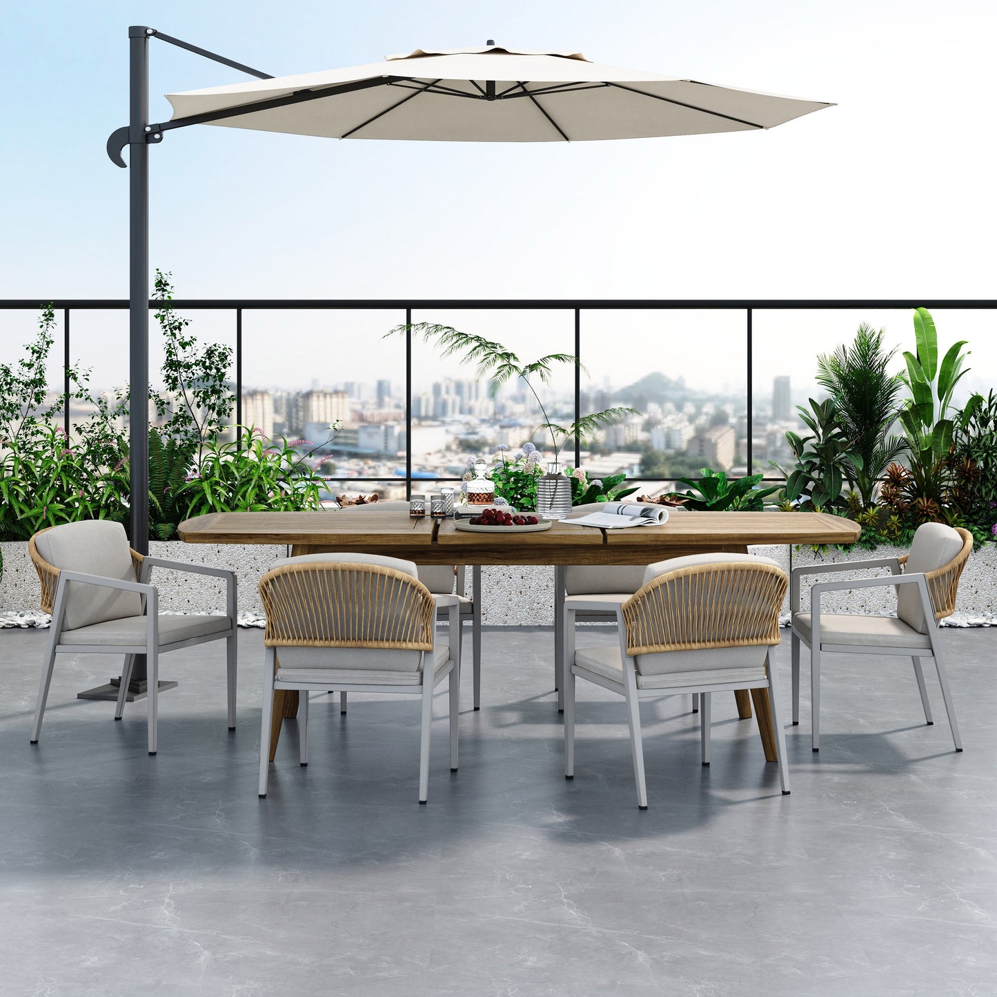 7-piece Outdoor Dining Set,Dining Chair Set of 6(Gray)+Acacia Wood Expandable