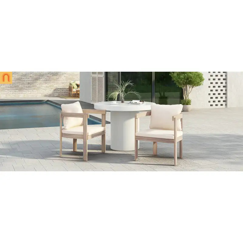 Outdoor Dining Chair Acacia Wood Barrel Cream Cushion Set of 2