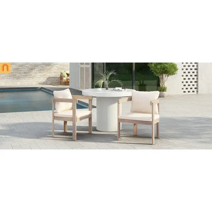 Outdoor Dining Chair Acacia Wood Barrel Cream Cushion Set of 2