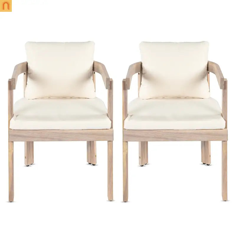 Outdoor Dining Chair Acacia Wood Barrel Cream Cushion Set of 2