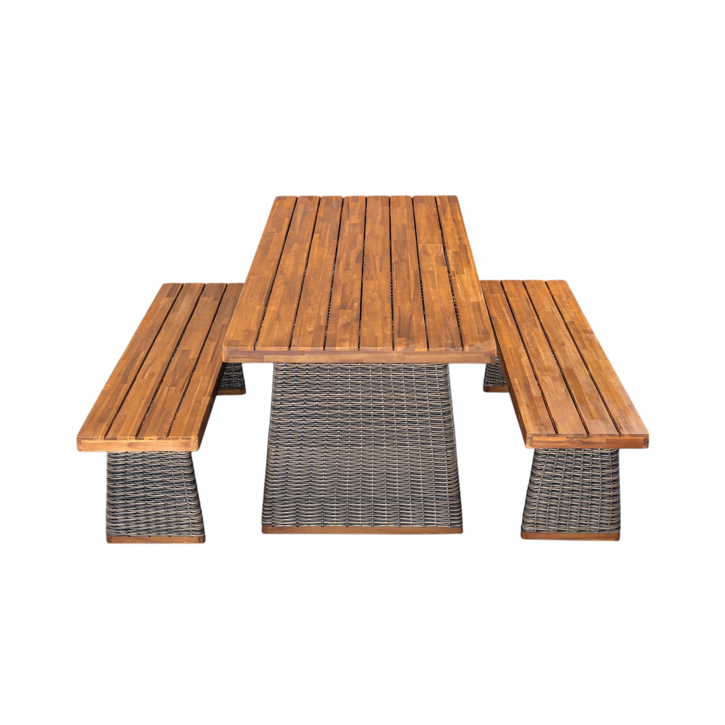 Outdoor 3 Piece Acacia Wood Dining Set with Handwoven Rattan Legs,Grey