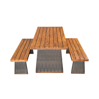 Outdoor 3 Piece Acacia Wood Dining Set with Handwoven Rattan Legs,Grey