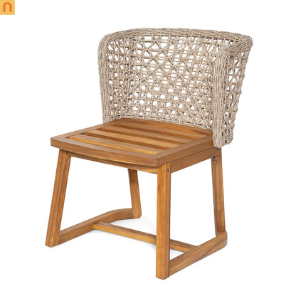 Outdoor Dining Set Acacia Wood Wicker Chair Teak Beige Cushion 5 Piece