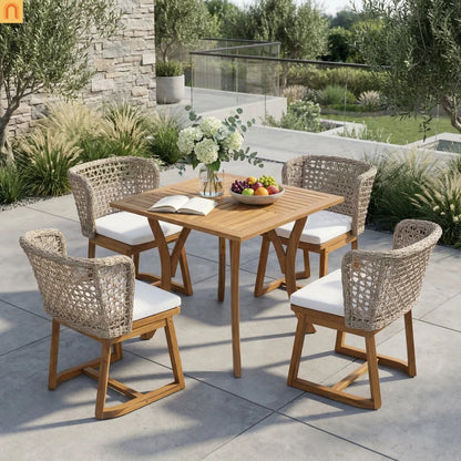 Outdoor Dining Set Acacia Wood Wicker Chair Teak Beige Cushion 5 Piece