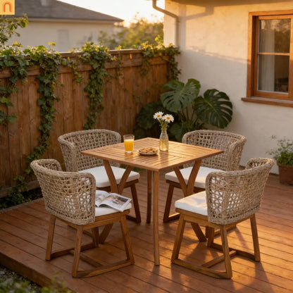 Outdoor Dining Set Acacia Wood Wicker Chair Teak Beige Cushion 5 Piece