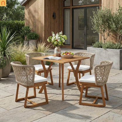 Outdoor Dining Set Acacia Wood Wicker Chair Teak Beige Cushion 5 Piece