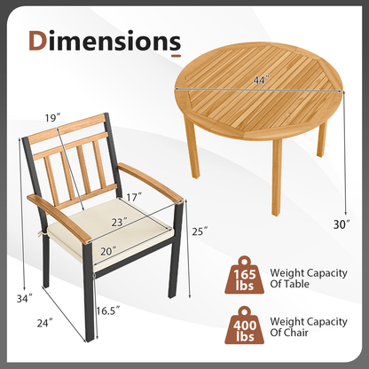 5-Piece Outdoor Acacia Wood Dining Set – Round Patio Table & Metal Chairs with Cushions