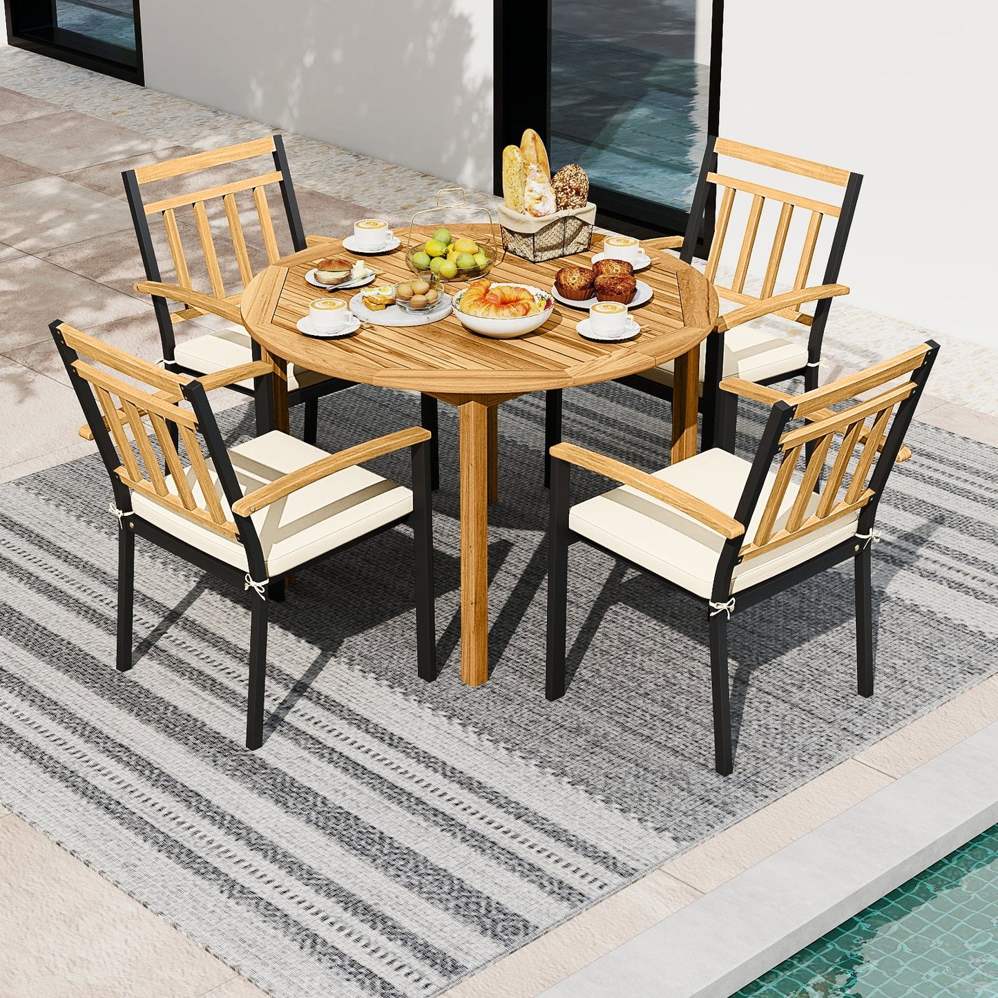 5-Piece Outdoor Acacia Wood Dining Set – Round Patio Table & Metal Chairs with Cushions
