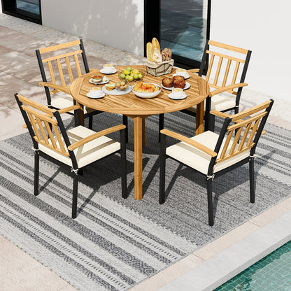 5-Piece Outdoor Acacia Wood Dining Set – Round Patio Table & Metal Chairs with Cushions