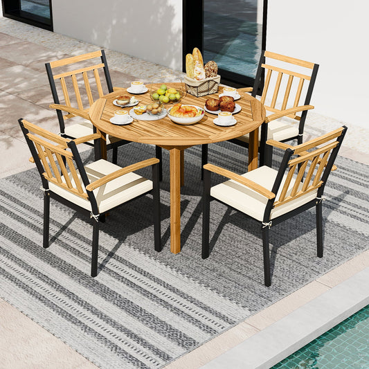 5-Piece Outdoor Acacia Wood Dining Set – Round Patio Table & Metal Chairs with Cushions