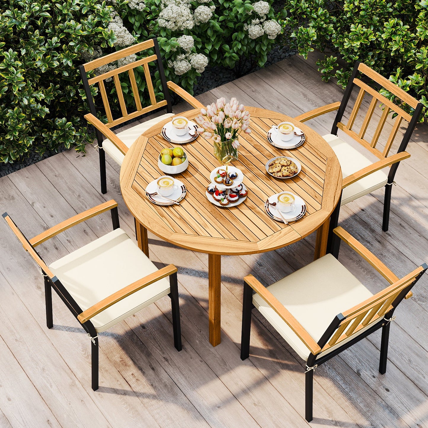 5-Piece Outdoor Acacia Wood Dining Set – Round Patio Table & Metal Chairs with Cushions