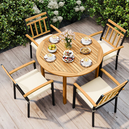 5-Piece Outdoor Acacia Wood Dining Set – Round Patio Table & Metal Chairs with Cushions