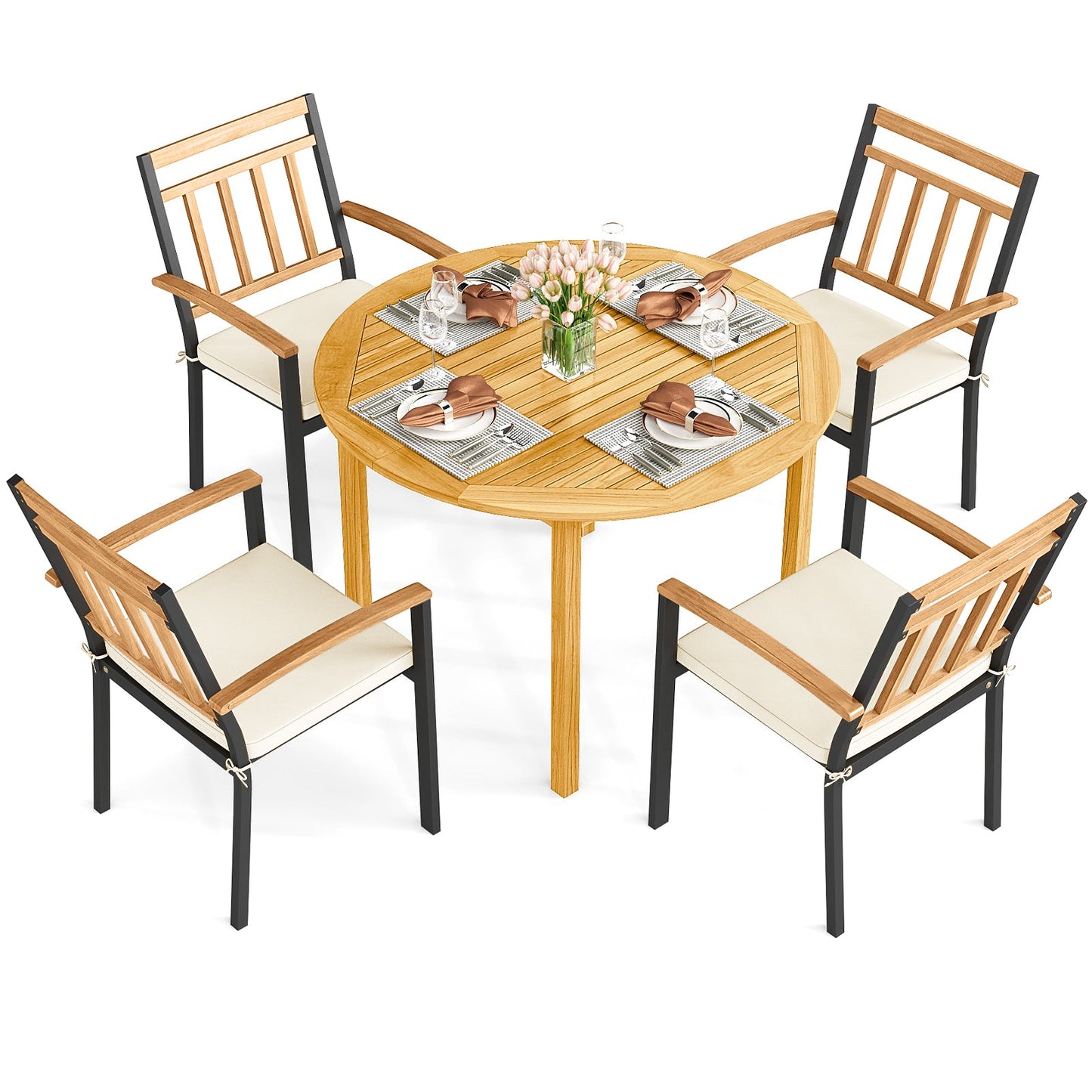 5-Piece Outdoor Acacia Wood Dining Set – Round Patio Table & Metal Chairs with Cushions