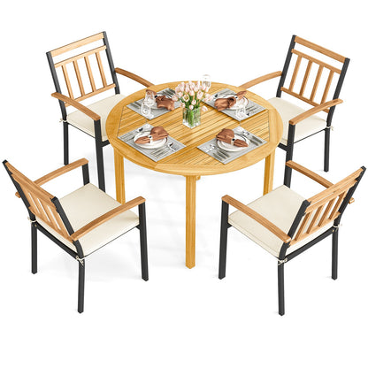 5-Piece Outdoor Acacia Wood Dining Set – Round Patio Table & Metal Chairs with Cushions