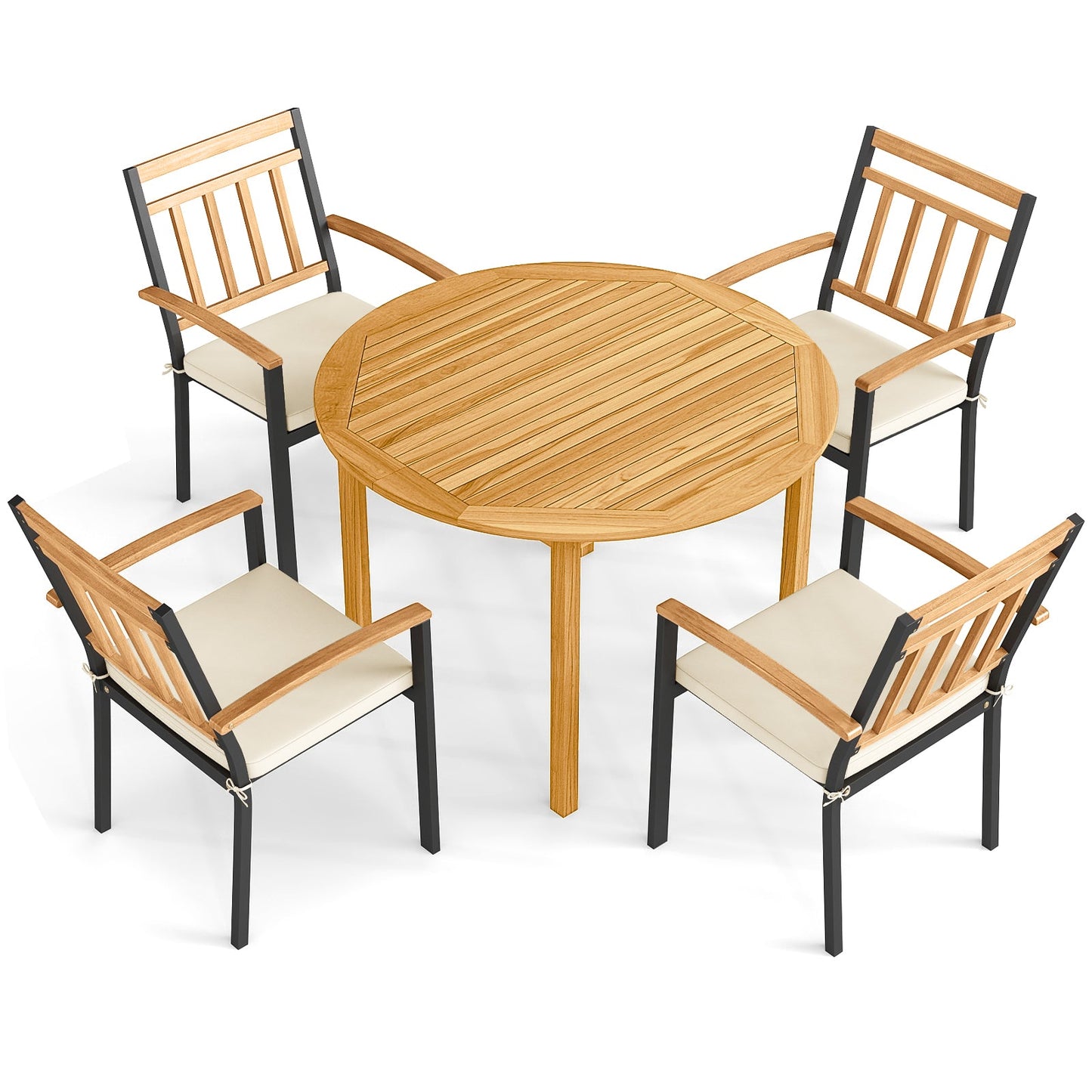 5-Piece Outdoor Acacia Wood Dining Set – Round Patio Table & Metal Chairs with Cushions