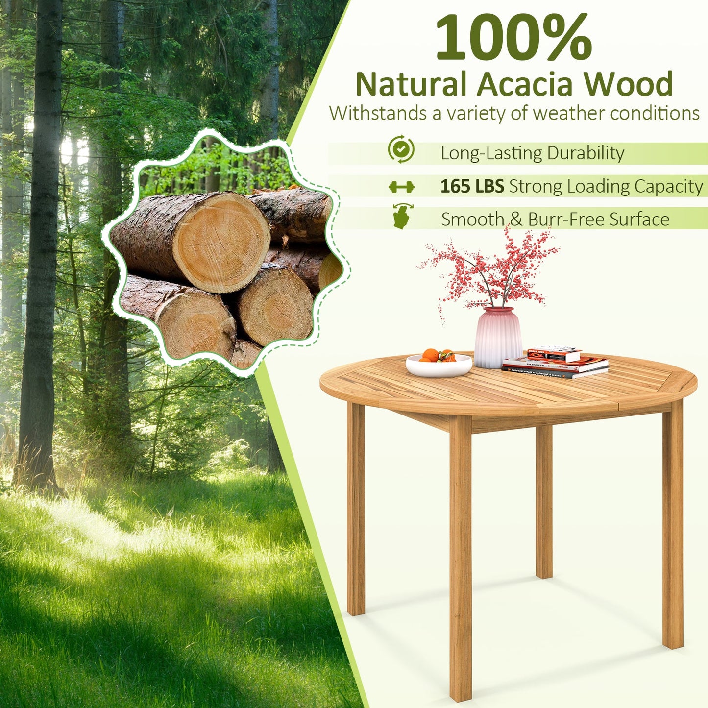 5-Piece Outdoor Acacia Wood Dining Set – Round Patio Table & Metal Chairs with Cushions