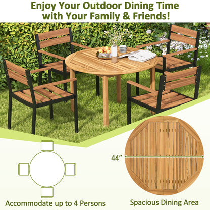 5-Piece Outdoor Acacia Wood Dining Set – Round Patio Table & Metal Chairs with Cushions